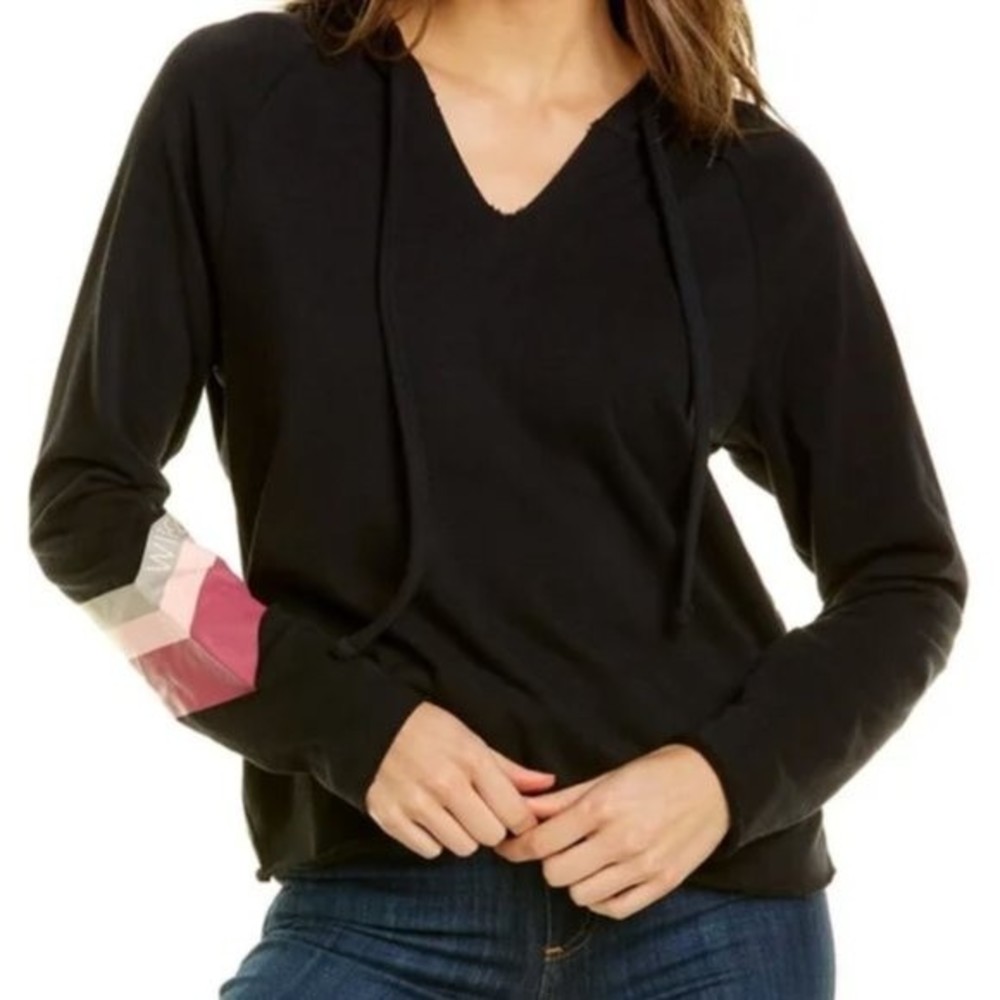 WILDFOX Sweat Halo Black Hoodie Pullover with Pink Stripes